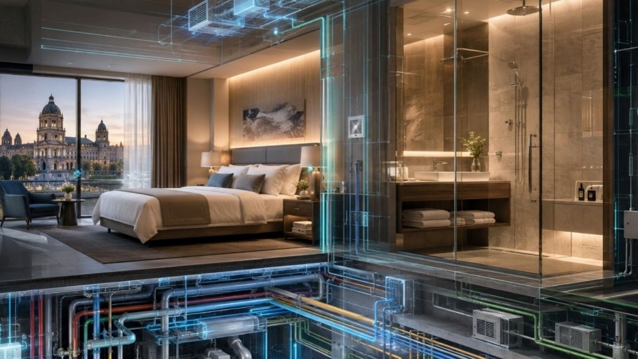 ISH 2027 shows how the integration of intelligent building technologies can shape modern hotel concepts. Source: Sila Egridere (AI-generated)